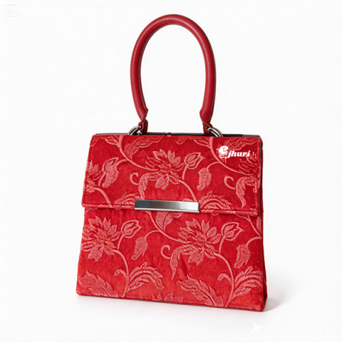 Elegant Red Floral Brocade Top-Handle Bag