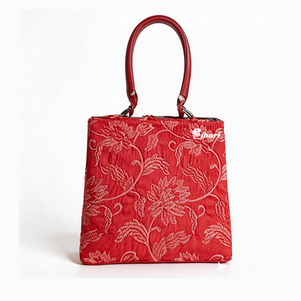 Elegant Red Floral Brocade Top-Handle Bag