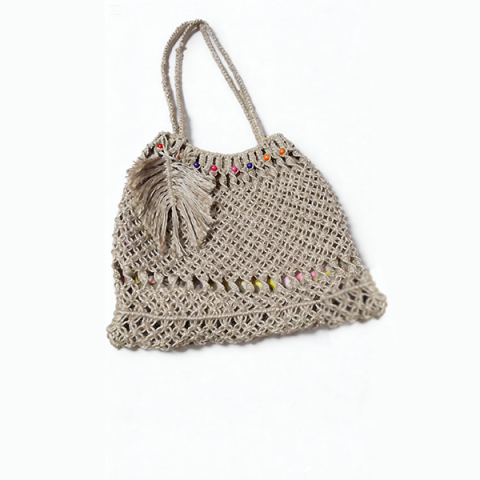 Handcrafted Bohemian Jute Tote Bag with Feather Tassel